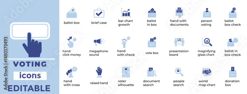 Editable voting icons with a clean, modern design ideal for elections, politics, polls, campaigns, civic apps, and infographics.