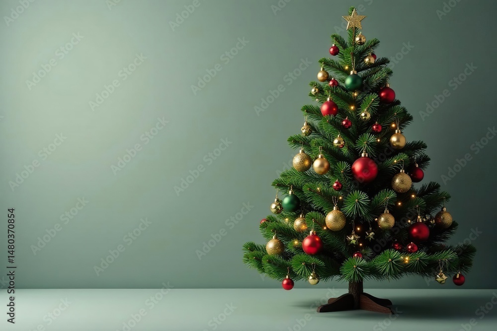 A perfectly symmetrical spruce Christmas tree, decorated with traditional ornaments , shine, tinsel, lights A perfectly symmetrical spruce Christmas tree, decorated with traditional ornaments , shine, tinsel, lights