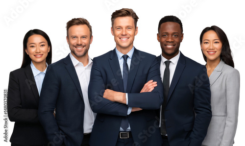 Diverse corporate team dressed formally for a professional shoot, smiling together, isolated on white or transparent background