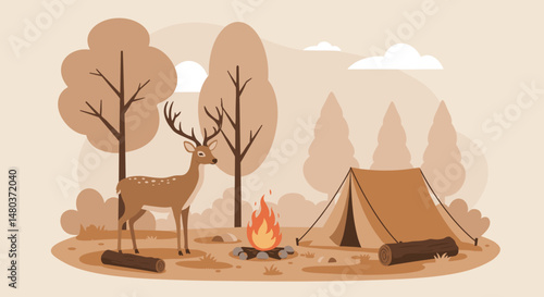 Deer stands near a fire and a tent in the forest, suitable for articles on eco-tourism, unity with nature, travel agencies