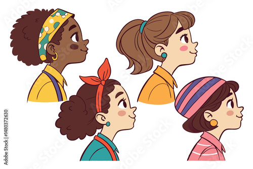 Side Profile of Diverse Women: A vibrant illustration showcases a group of women from diverse backgrounds, each with unique hairstyles and expressions, viewed in profile and exuding confidence. 