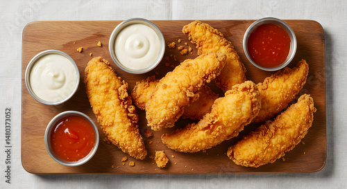 Delicious Crispy Chicken Tenders Served With Selection Of Sauces On Wooden Board