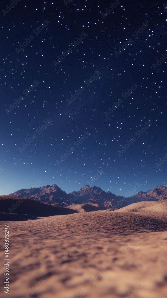 Vast desert landscape under a starry night sky with distant mountains at the horizon. Vast desert landscape under a starry night sky with distant mountains at the horizon.