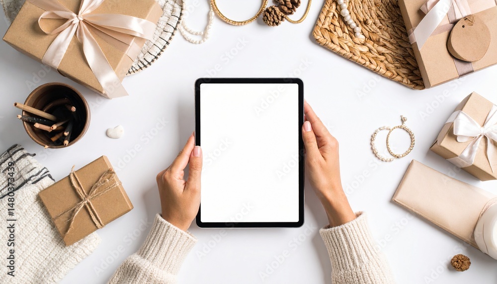 Obraz premium Hand swipes through digital product catalog on tablet over a modern desk setup. E-commerce, digital browsing, and shopping concept captured with clean studio lighting and sharp focus.