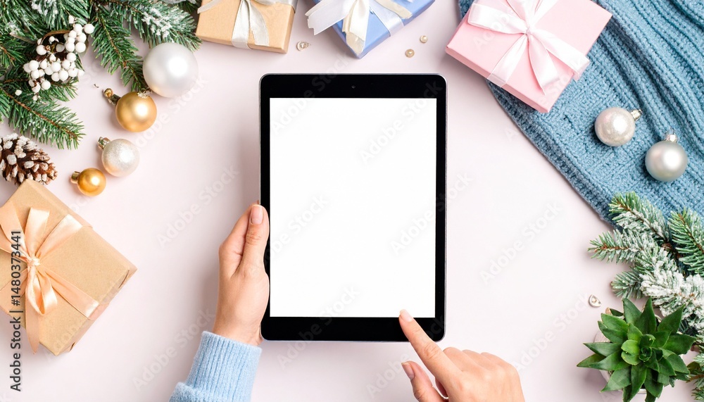 Obraz premium Hand swipes through digital product catalog on tablet over a modern desk setup. E-commerce, digital browsing, and shopping concept captured with clean studio lighting and sharp focus.