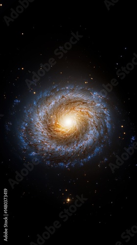 A stunning spiral galaxy glowing with vibrant blues and fiery oranges against a star-studded backdrop.