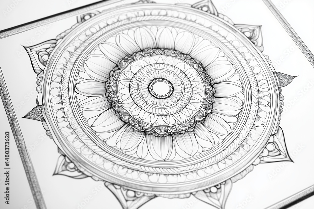 A detailed, symmetrical mandala coloring book page in black and white, centered with clean margins around the edges to allow space for titles or branding copy. A detailed, symmetrical mandala coloring book page in black and white, centered with clean margins around the edges to allow space for titles or branding copy.