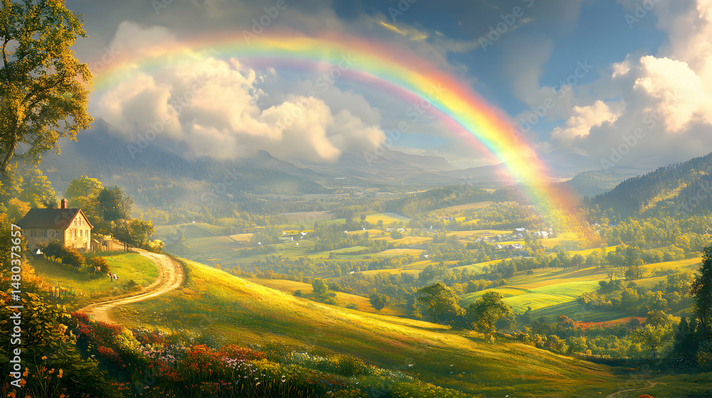 Obraz premium A rainbow arches over a green landscape with a small house and hills.