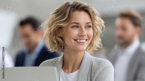 Smiling Woman in Business Meeting Looking Away Optimistically Free Download Smiling Woman in Business Meeting Looking Away Optimistically - GFXLoad