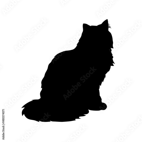 Black cat silhouette vector art illustration of fluffy longhair cat sitting and looking forward