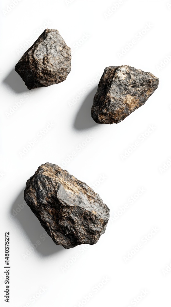 Fototapeta premium Three rough, natural stones with distinct textures against a clean white background.