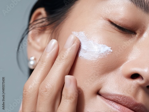 an Asian woman applying cream to her face, featuring delicate skin texture