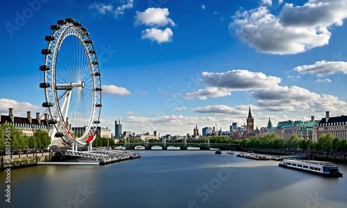 Iconic London Skyline: Ferris Wheel, River Thames, and Cityscape
