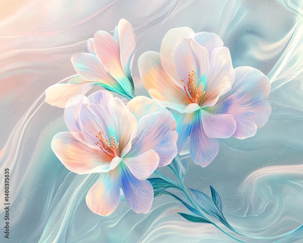 Dreamy pastel flowers with swirling shapes, iridescent texture, sticker pack design Dreamy pastel flowers with swirling shapes, iridescent texture, sticker pack design
