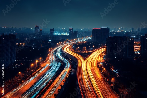 Cityscape view with light trails on highway at twilight in China urban landscape