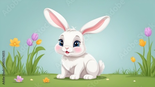 Cute cartoon rabbit against a blue background. Cute little rabbit bunny cartoon animal illustration vector design