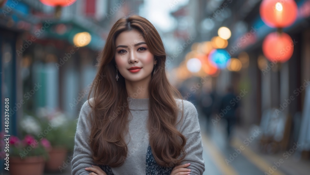 Young woman with long hair standing confidently in a vibrant urban street scene illuminated by lanterns Young woman with long hair standing confidently in a vibrant urban street scene illuminated by lanterns