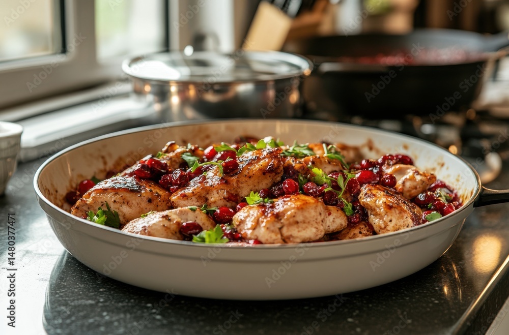 Wide side view of cranberry chicken cooling on kitchen counter, natural Wide side view of cranberry chicken cooling on kitchen counter, natural