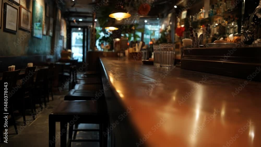 Atmospheric interior of a dimly lit bar with a glossy wooden counter, two drinking glasses, shelves of bottles, and framed art on the wall Atmospheric interior of a dimly lit bar with a glossy wooden counter, two drinking glasses, shelves of bottles, and framed art on the wall