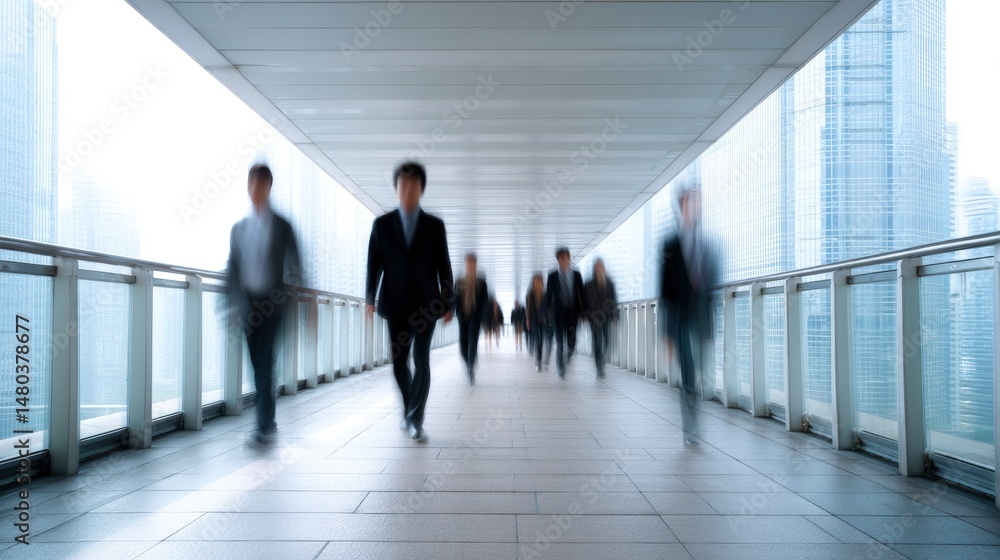 Fototapeta premium Business People Walking Fast on Elevated Walkway to City Buildings