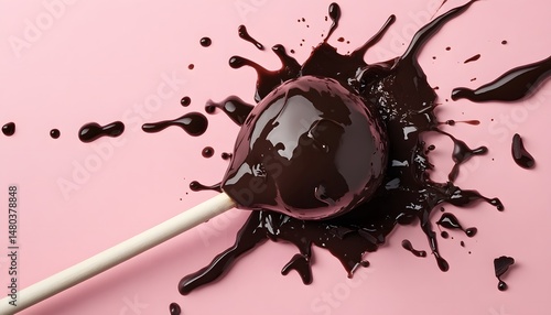 Melted chocolate lollipop on a stick against a pink background.