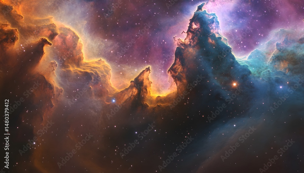Fototapeta premium Colorful cosmic clouds and celestial formations in deep space.