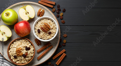 Autumnal Nourishment Fresh Apples Cinnamon Sticks And Oatmeal Breakfast On Dark Surface