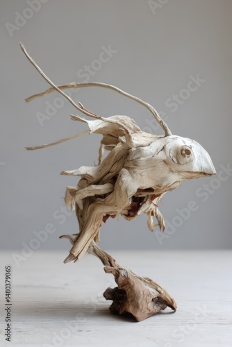 Artistic driftwood fish sculpture on white surface in studio setting close up creative nature art