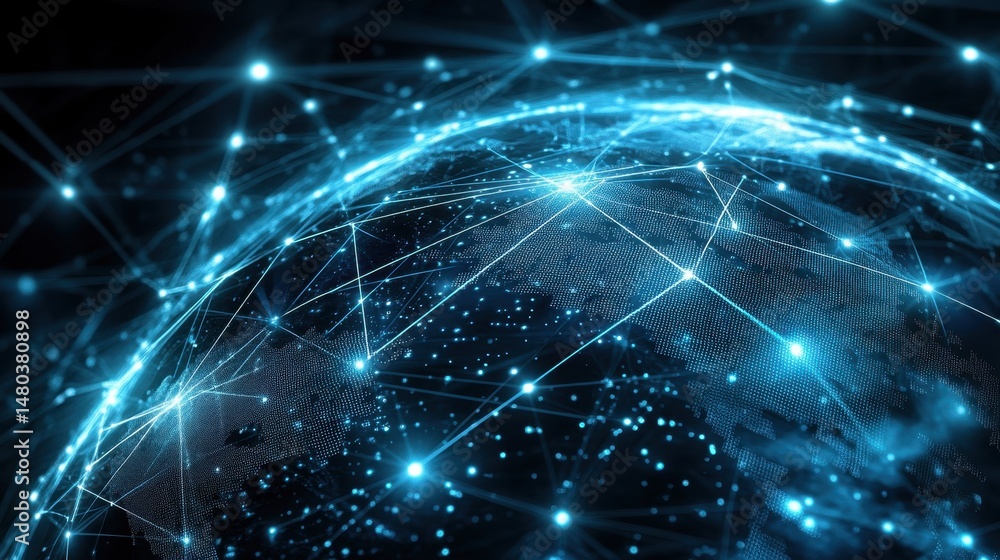 Obraz premium Global network connection visualizes data transfer, internet communication, and digital technology. Worldwide business network concept with glowing nodes and lines.
