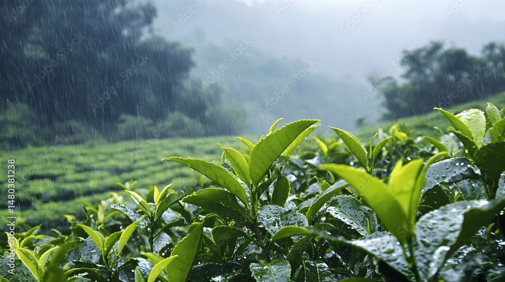 Green tea plants on a hillside in a misty setting. Green tea plants on a hillside in a misty setting.