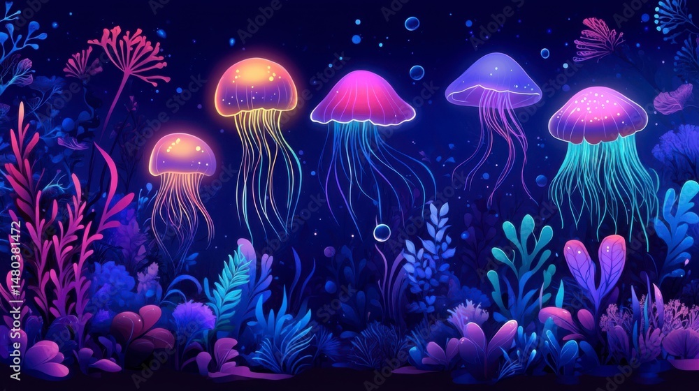 A deep-sea cartoon world with glowing jellyfish, seaweed, and mysterious creatures. A deep-sea cartoon world with glowing jellyfish, seaweed, and mysterious creatures.