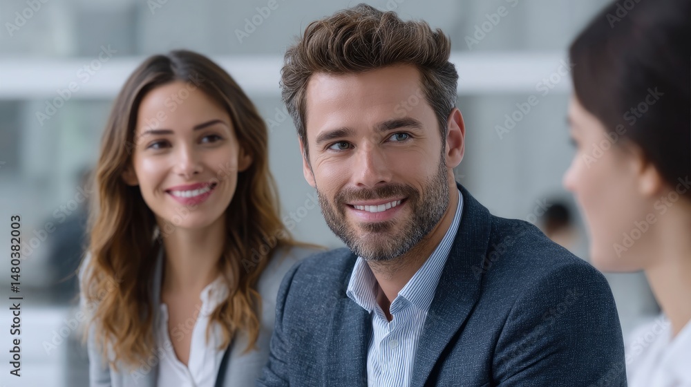 Business Meeting with Smiling Professionals in Modern Office