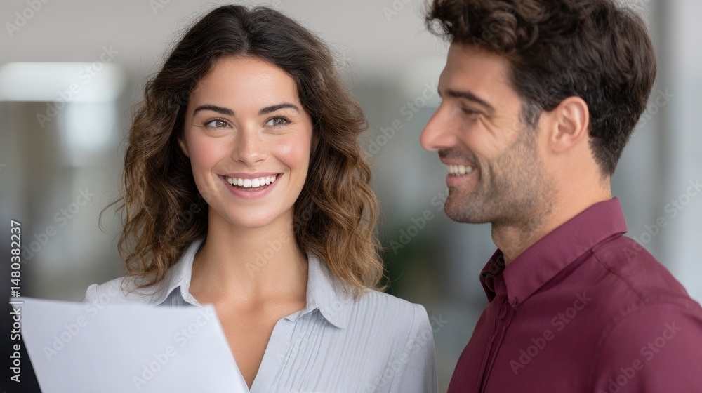 People Smiling While Reviewing Paperwork Together Indoors People Smiling While Reviewing Paperwork Together Indoors