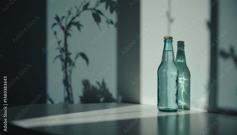 A glass bottle stands on a table, casting a clear shadow alongside leafy plant shadows on a softly lit wall. A glass bottle stands on a table, casting a clear shadow alongside leafy plant shadows on a softly lit wall.