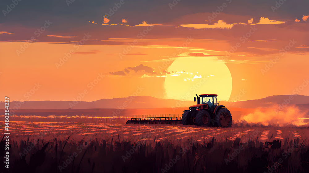Fototapeta premium A tractor plows a field during a sunset with an orange sky.