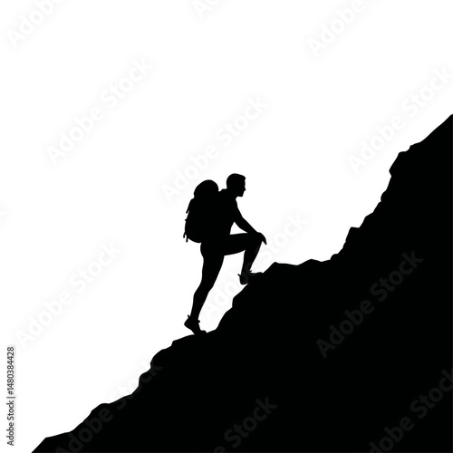 Silhouette of a man with a backpack climbing a steep rocky mountain against a white background