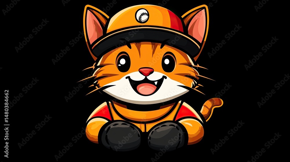 Fototapeta premium Cute cartoon cat wearing a cap, looking friendly, on black background