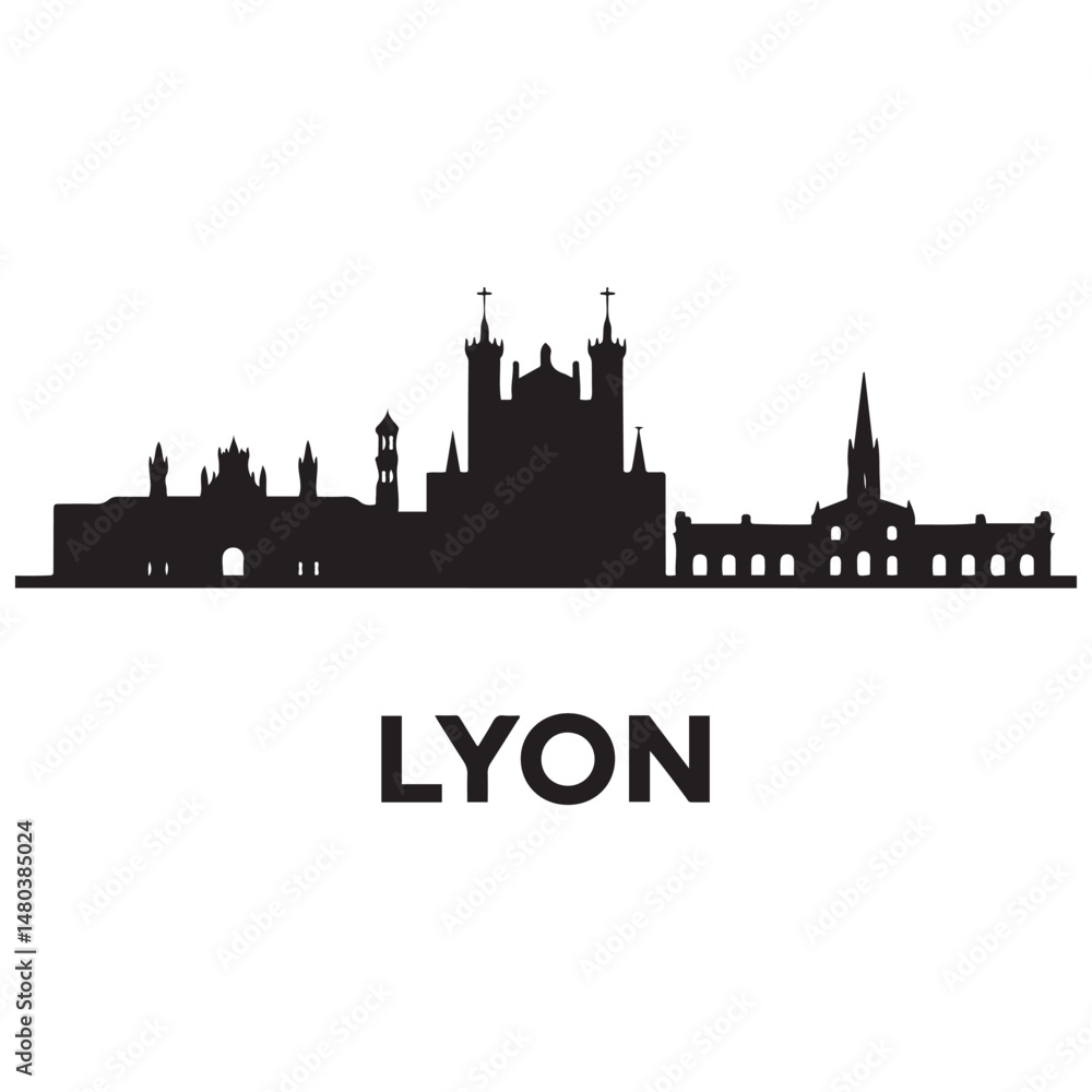 Fototapeta premium Vector Lyon skyline. Travel Lyon famous landmarks. Business and tourism concept for presentation, banner, web site. Vector black silhouette. with white background