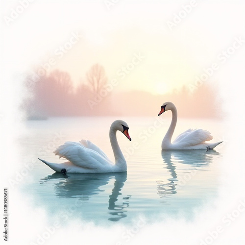 Fototapeta Naklejka Na Ścianę i Meble -  Pastel illustration of a serene lake with swans