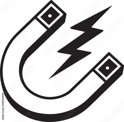 Electromagnet Magnet Black and White Vector Illustration, Sketch Drawing Line Linear Symbol Icon Engraving, Hand-drawn Isolated