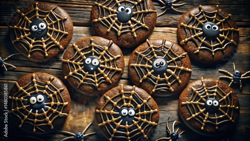 A collection of spiderweb cookies with googly eyes and chocolate spiders, decorated with golden icing, resting on a rustic wooden background.