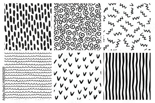 Expressive seamless abstract vector backgrounds in black and white. Trendy monochrome brush marks