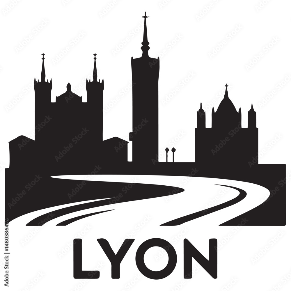 Fototapeta premium Vector Lyon skyline. Travel Lyon famous landmarks. Business and tourism concept for presentation, banner, web site. Vector black silhouette. with white background
