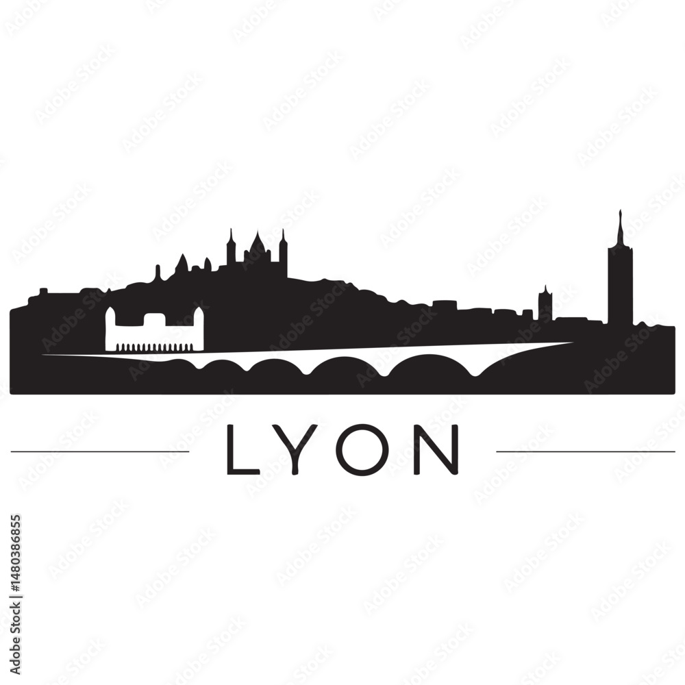 Naklejka premium Vector Lyon skyline. Travel Lyon famous landmarks. Business and tourism concept for presentation, banner, web site. Vector black silhouette. with white background