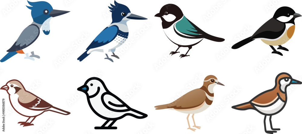 Fototapeta premium set of kingfisher silhouette line art vector Outdoor adventure solid icons – silhouette style hiking, camping, and nature symbols for explorers: hiking boot, trail sign, water bottle, net, 