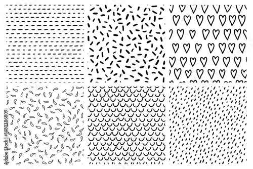 Set of black and white seamless hand drawn texture designs for backgrounds. Seamless doodle backgrounds.
