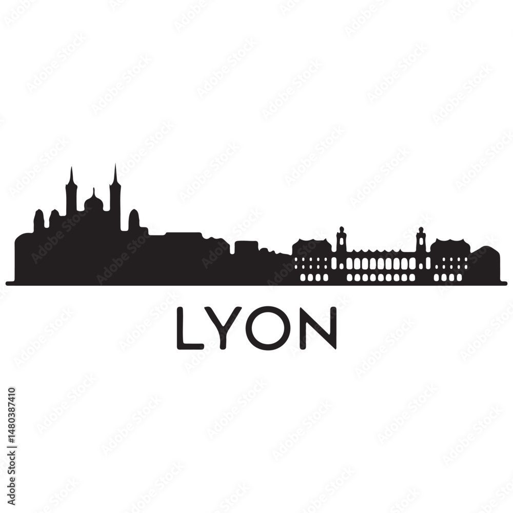 Obraz premium Vector Lyon skyline. Travel Lyon famous landmarks. Business and tourism concept for presentation, banner, web site. Vector black silhouette. with white background