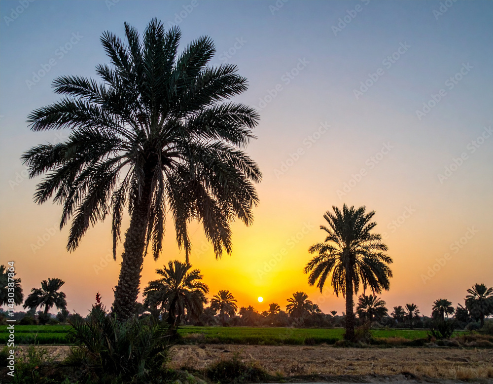 Obraz premium The serene scene of date palm trees against a sunset sky represents the agricultural and natural aspects of the country.