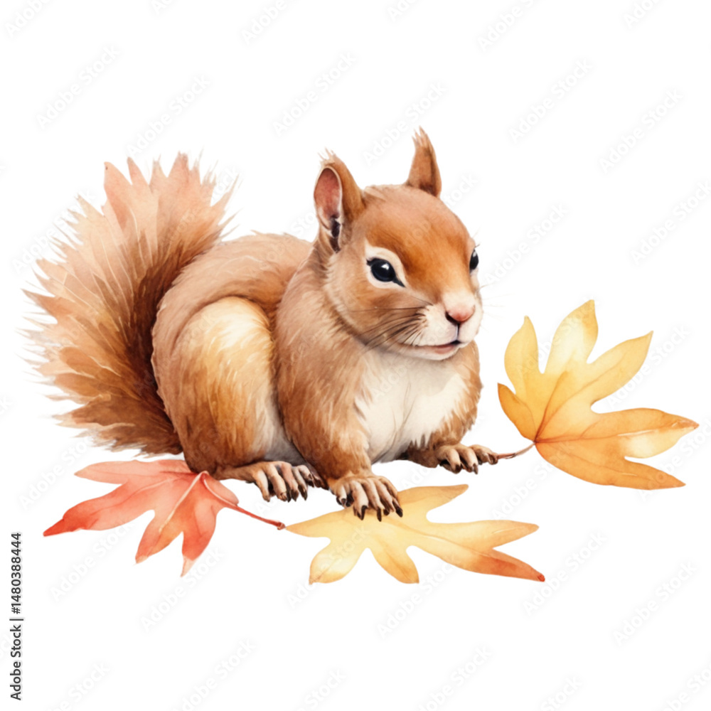 Fototapeta premium A lifelike brown squirrel with a bushy tail sits among orange, yellow, and red autumn leaves. The black background highlights the vibrant colors.