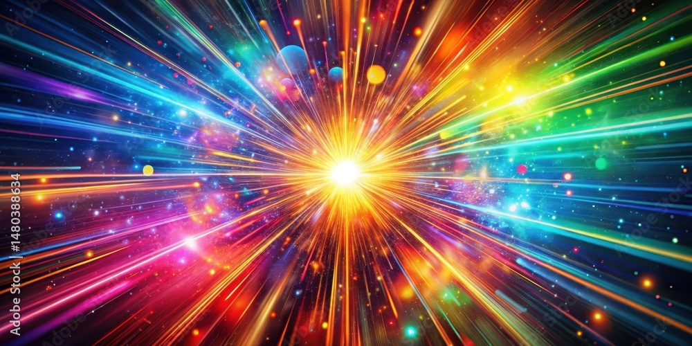Naklejka premium A burst of colorful energy erupts from a central point in an abstract geometric background, with swirling particles dancing across the scene , abstract art, vibrant colors